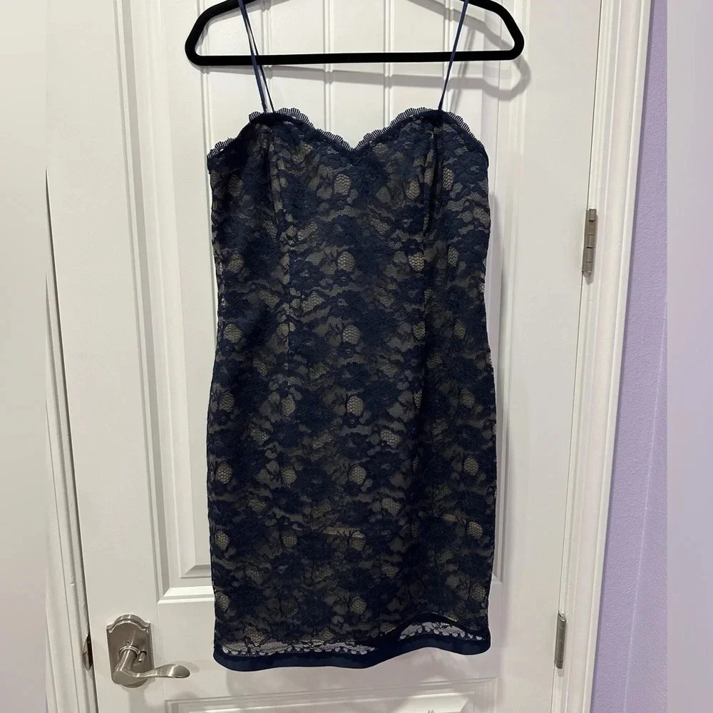 Vintage Rickie Freeman for T.J.Nites | nude lined navy lace mini dress | Size: 8 - Picture 1 of 11